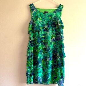 Connected Apparel Floral Green & Blue Sleeveless, Tiered Dress. Sz 12.